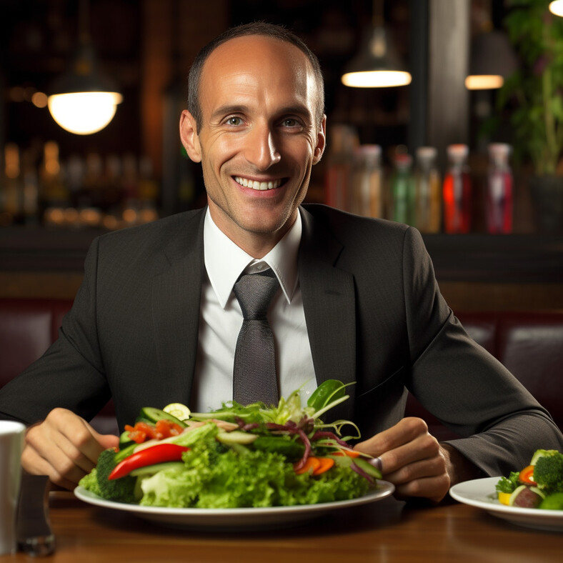 Homme d'affaire souriant devant une assiette de salade