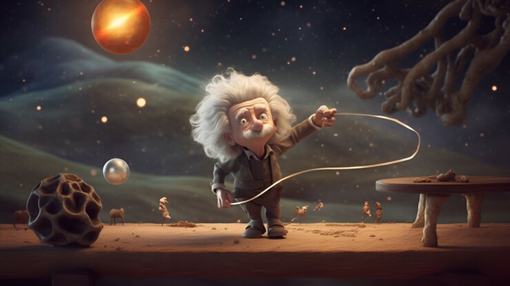 Illustration d'Einstein qui joue avec la gravité