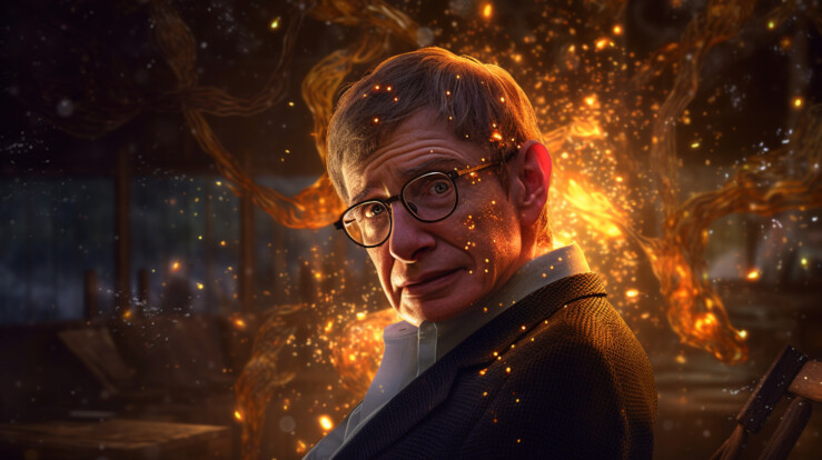 Portrait de Hawking avec des flammes en arrière plan