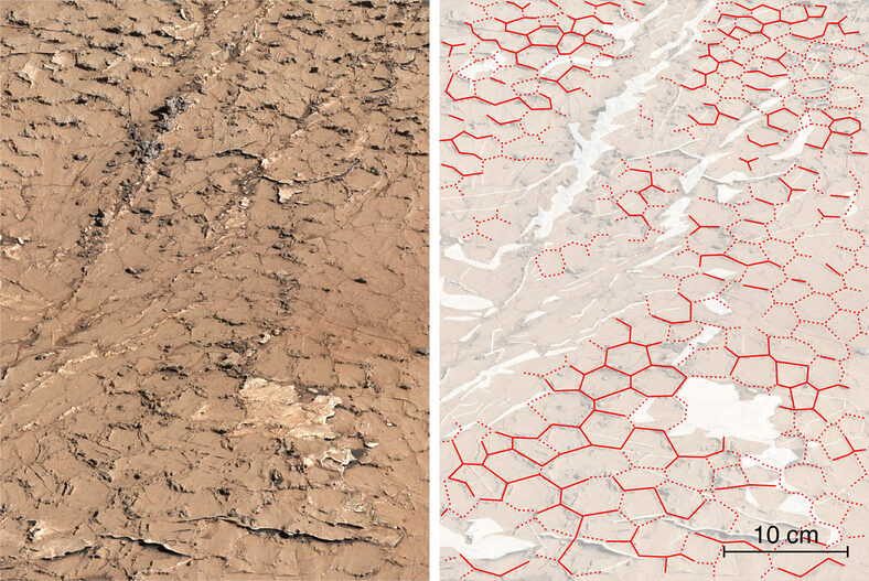 Gros plan de fissures de boue avec les formes hexagonales soulignées en rouge