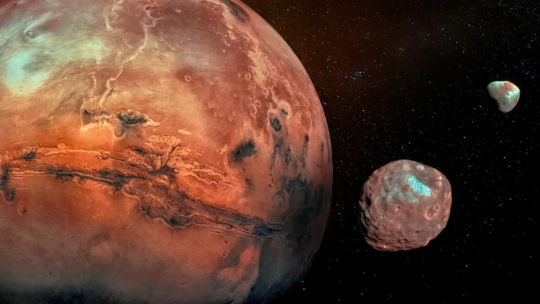 Planète Mars et ses 2 lunes, Phobos et Deimos